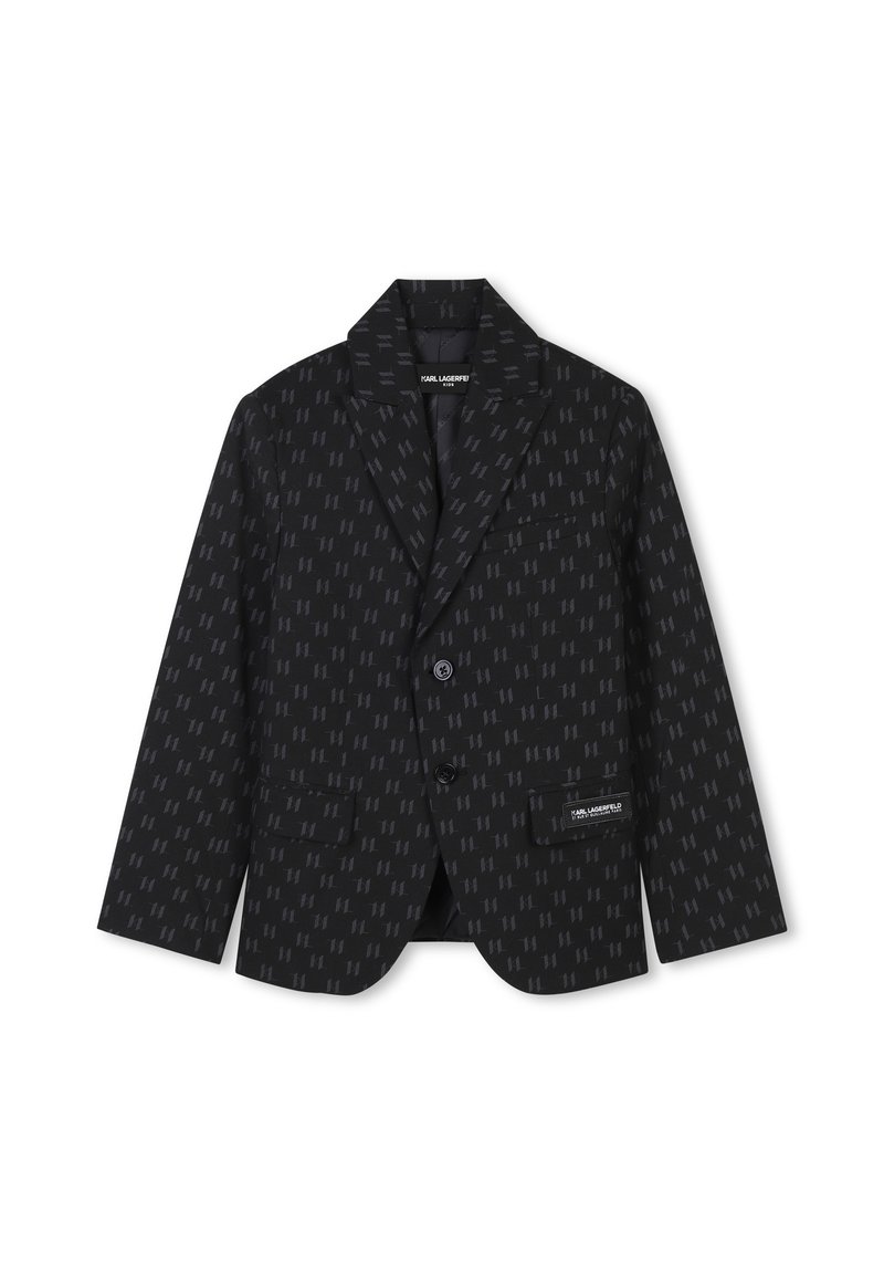 Veste noire avec un motif géométrique discret, fermeture à un bouton, revers crantés, deux poches avant et logo de la marque sur la poche inférieure.