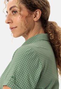 Green gingham shirt with a collared design, short sleeves, and embroidered logo detail on the sleeve. Smooth fabric texture.