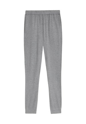 Grå joggerbukser lavet af blødt stof, med en snoretræk i taljen, elastiske manchetter og sidelommer. Enkel, strømlinet design.