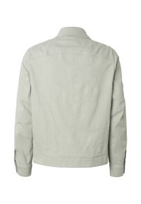 Hellgraue Jacke mit subtilen, abstrakten Prägungen, langen Ärmeln und geradem Saum, Rückansicht.