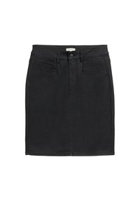 Schwarzer Jeansrock mit tailliertem Schnitt, fünf Taschen, vorderer Knopfverschluss und dezenten Steckdetails.