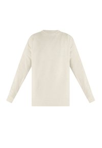 Maglione color crema, scollo rotondo, maniche lunghe, polsini e orlo a coste, tessuto morbido, design minimalista, vista posteriore mostrata.