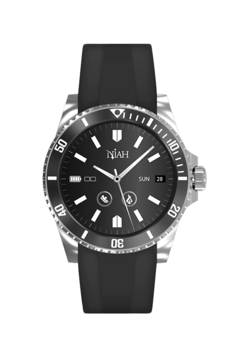 Zwarte siliconen horlogeband met een stalen kast, zwart uurwerk, zilveren uurmarkeringen, datumaanduiding op drie uur en waterdichtheidskenmerken.