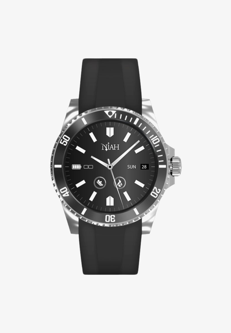 Zwarte siliconen horlogeband met een stalen kast, zwart uurwerk, zilveren uurmarkeringen, datumaanduiding op drie uur en waterdichtheidskenmerken.