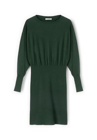 Abito verde cacciatore realizzato in morbido tessuto, con scollatura rotonda, maniche lunghe a palloncino e vita arricciata per un fit comodo.