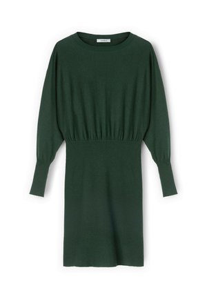 Sukienka w kolorze leśnej zieleni wykonana z miękkiego materiału, z okrągłym dekoltem, długimi rękawami w kształcie balonu i marszczoną talią, co zapewnia luźny krój.