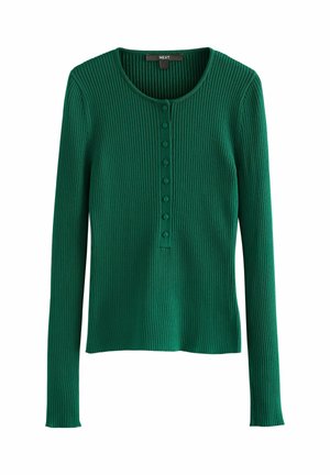 Grønne ribbede langærmede top med rund halsudskæring og knaplukning. Lavet af et strækbart materiale, der har et tætsiddende design og en glat tekstur.