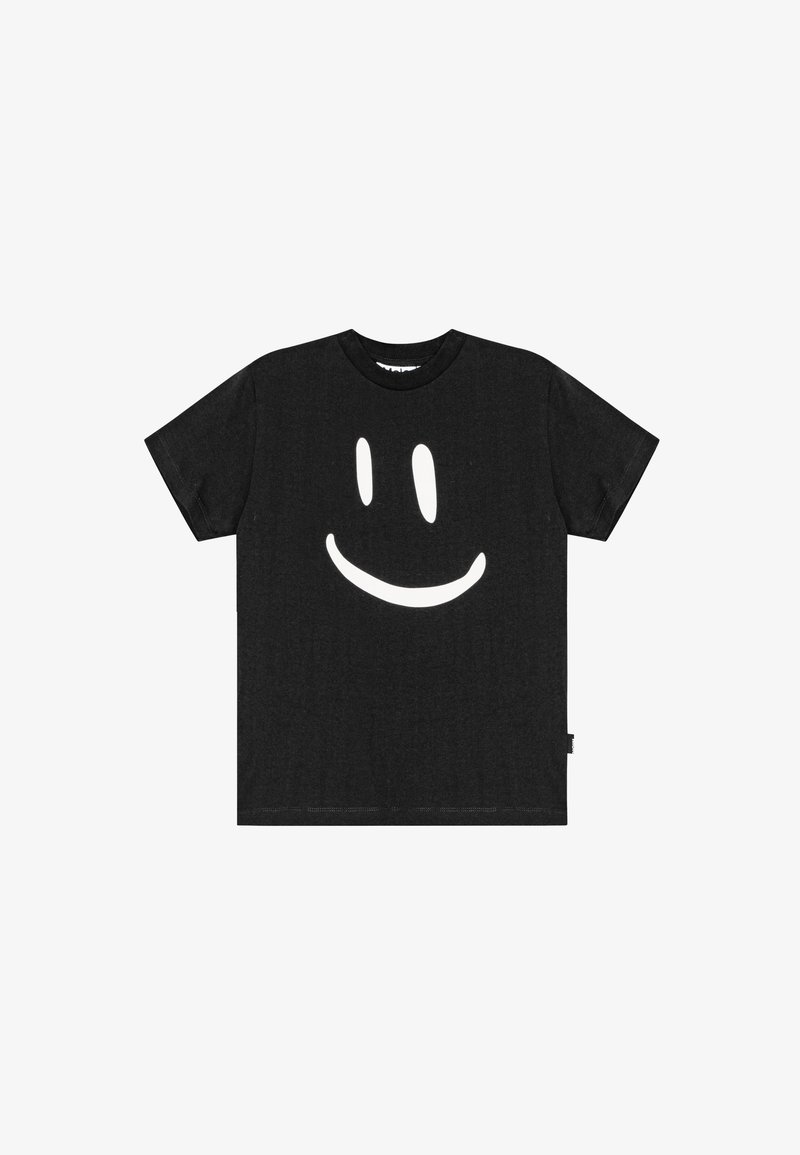 Zwarte katoenen t-shirt met een grote witte smiley-gezicht grafiek op de voorkant. Ronde hals, korte mouwen en een ontspannen pasvorm.