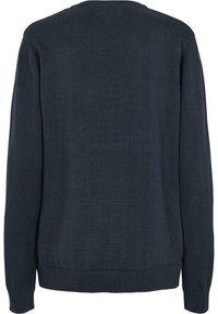 Pull bleu marine foncé à texture lisse, poignets et ourlet côtelés, encolure ronde, coupe régulière, avec un design minimaliste uni.