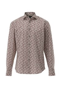 Langärmliges Hemd in Weinrot mit floralem Muster. Verfügt über einen Button-Down-Kragen und Knöpfe auf der Vorderseite. Hergestellt aus leichtem Stoff.