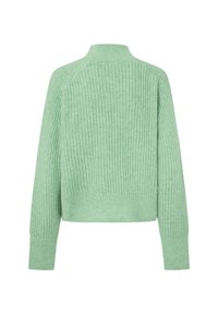 Groene geribbelde gebreide trui met hoge kraag en lange mouwen. Zachte textuur, cropped lengte en een naadloos ontwerp.