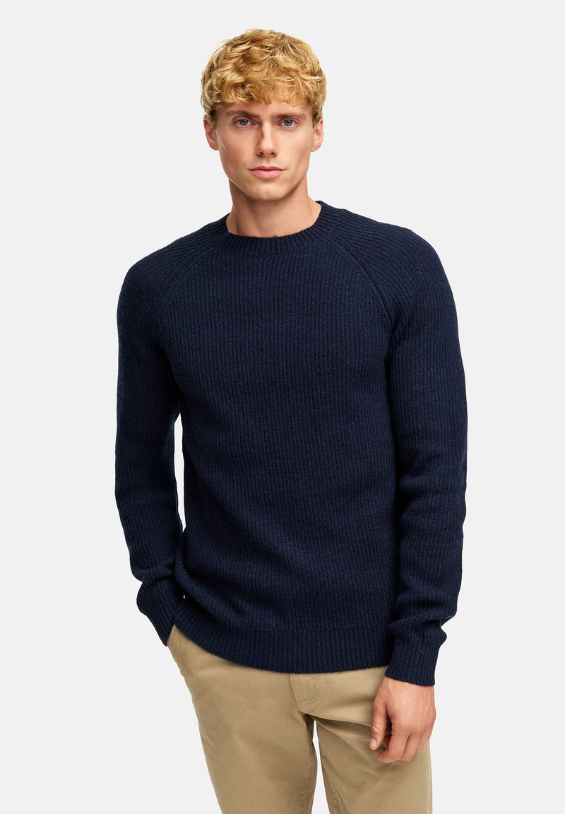 Marineblaues Rippstrickpullover mit rundem Ausschnitt und langen Ärmeln, aus einem strukturierten Stoff mit gerippten Bündchen und Saum.