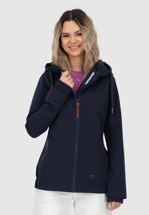 Navy blue waterproof jacket with a hood, zippered front, and side pockets. Features brown accents and a heart logo on the lower hem.