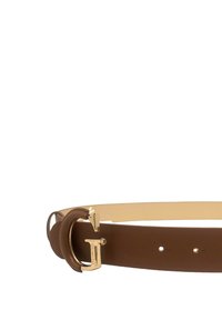 Cintura in pelle marrone con una fibbia dorata, caratterizzata da una superficie liscia, fori standard e un interno beige chiaro a contrasto.