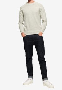 Maglione grigio chiaro a collo rotondo in materiale morbido, abbinato a jeans blu scuro e sneakers bianche. Design semplice con polsini e orlo a costine.