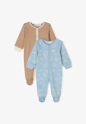 Deux bodies pour bébé : un marron rayé avec un col et des poignets blancs, et un bleu clair avec des imprimés et des graphismes de véhicules blancs.