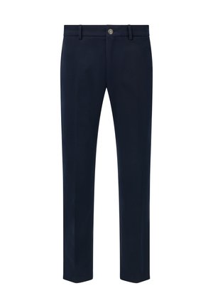 Pantalon marine en tissu lisse avec une coupe droite, doté d'une fermeture à bouton et de passants de ceinture. Aucune motif ou accent visible.
