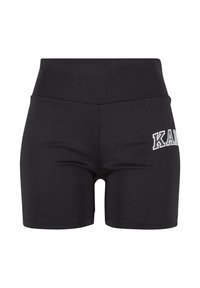 Fekete sportos rövidnadrág magas derékkal, rugalmas anyagból készült, bal oldalon fehér logóval és sima felülettel.