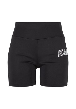 Sorte atletiske shorts med høj talje, lavet af strækbart stof, med et hvidt logo på venstre side og en glat tekstur.