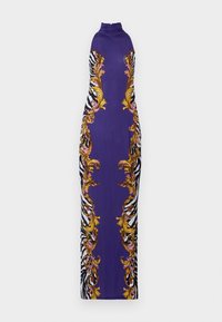 Lila ärmelloses Kleid mit aufwendigen goldenen und rosa Blumenmustern, kombiniert mit auffälligen schwarz-weißen Zebrastreifen an den Seiten.