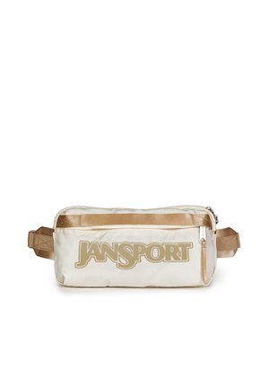 Sac banane Jansport beige clair avec fermeture éclair marron et bretelles réglables, grand logo sur le devant, forme rectangulaire.