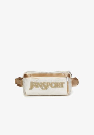 Jasnobeżowa nerka Jansport z brązowym zamkiem błyskawicznym i regulowanymi paskami, duże logo z przodu, prostokątny kształt.
