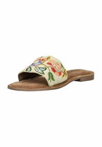 Sandale à glissement brodée avec une tige en tissu crème ornée de motifs floraux colorés, une semelle intérieure rembourrée et une semelle plate marron.