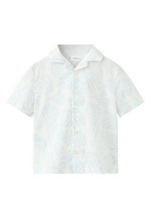Camicia bianca a maniche corte con bottoni, decorata con un sottile motivo di foglie tropicali azzurre e colletto appuntito.