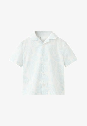 Camicia bianca a maniche corte con bottoni, decorata con un sottile motivo di foglie tropicali azzurre e colletto appuntito.