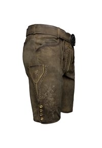 Bruine leren shorts met gedetailleerde borduursels, een voorzak en decoratieve knopen. Beschikt over een riemlus en een ronde metalen gesp.