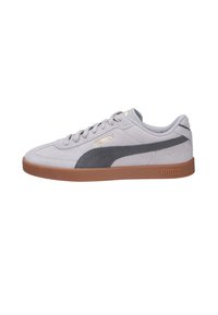 Graue Wildleder-Sneaker mit einem dunkelgrauen Streifen und goldenem PUMA-Logo, ausgestattet mit einer gummibraunen Sohle und Schnürdesign.