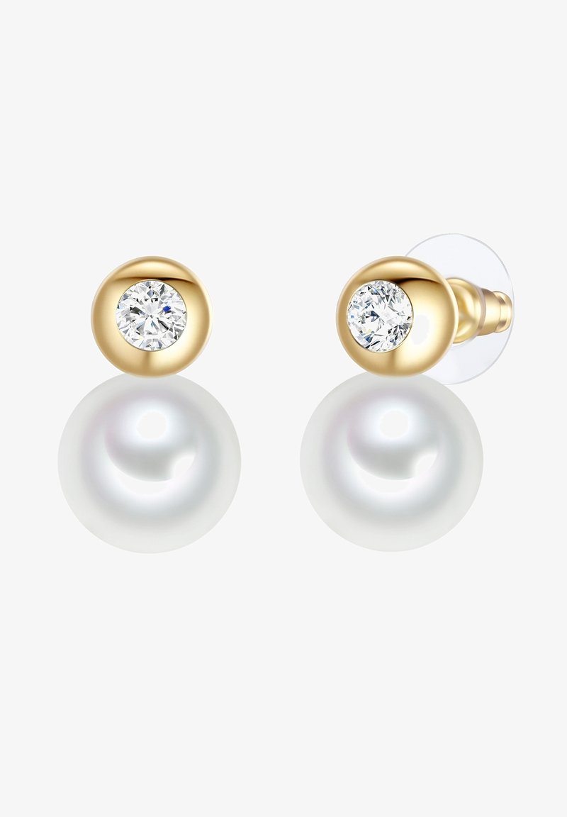 Zlato-tonirane uhane s studom, ki ima okroglo prozorno kamenček, postavljen nad sijočo belo biserno kroglico, s prozornim zadnjim delom za varno nošenje.