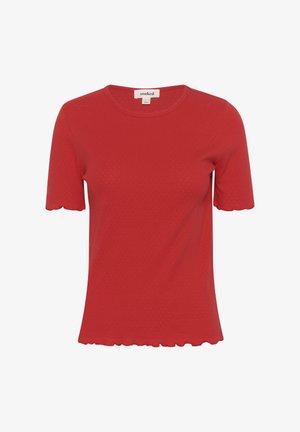 Punane lühikeste varrukate T-särk, mis on valmistatud tekstuurist kangast, lainelise alusäärte ja ümmarguse kaelusega. Omab peent mustrit üle kogu pinna.