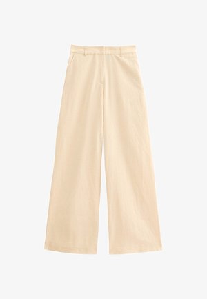Beige wijde broek gemaakt van lichtgewicht stof. Kenmerken zijn een hoge taille, ritssluiting en voorkwamen. Gladde textuur met een subtiele glans.