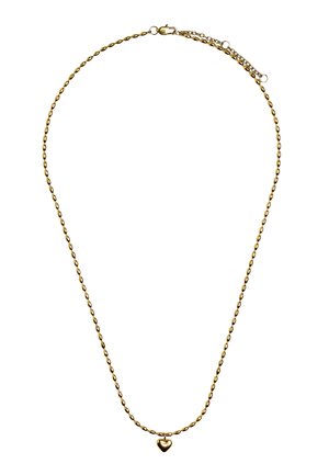 Złoty naszyjnik z łańcuszkiem z małymi owalnymi ogniwami i małym wisiorkiem w kształcie serca na środku, z zapięciem karabińczyk i łańcuszkiem przedłużającym.