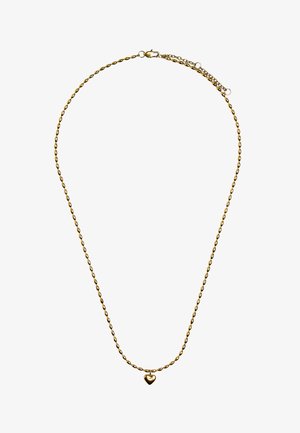 Złoty naszyjnik z łańcuszkiem z małymi owalnymi ogniwami i małym wisiorkiem w kształcie serca na środku, z zapięciem karabińczyk i łańcuszkiem przedłużającym.