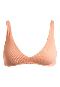 Őszibarack színű, bordázott bikini felső háromszög formával és széles vállpántokkal, tiszta, sima felülettel és díszítések nélkül.