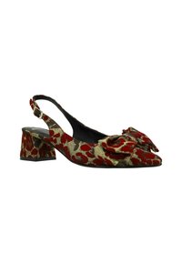 Slingback schoenen met lage blokhak, voorzien van een rood en beige flonkerend fluweelpatroon en een grote strik op de teen.