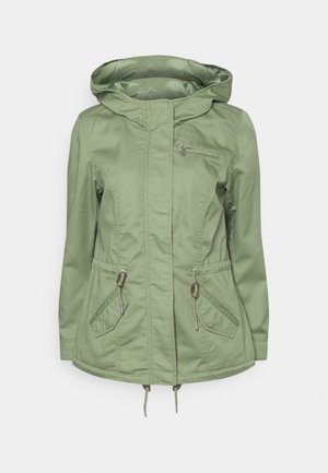 Light green jacket with a hood, featuring a front zip, two side pockets, and a chest pocket. Drawstrings at the waist for adjustable fit.