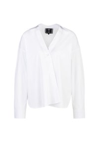 White long-sleeve shirt with a V-neck and button closure. Features a loose fit and slightly asymmetrical design. Smooth, lightweight fabric.
