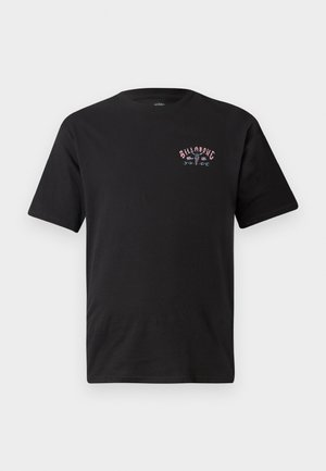 Black cotton t-shirt with short sleeves, featuring a small colorful embroidered logo on the left chest area. Smooth texture, crew neckline.