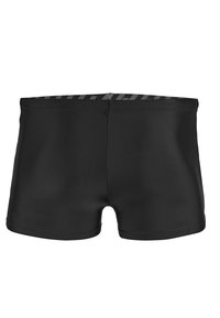 Shorts de bain noirs en tissu lisse et élastique. Présente un design simple avec une ceinture à motif contrasté.