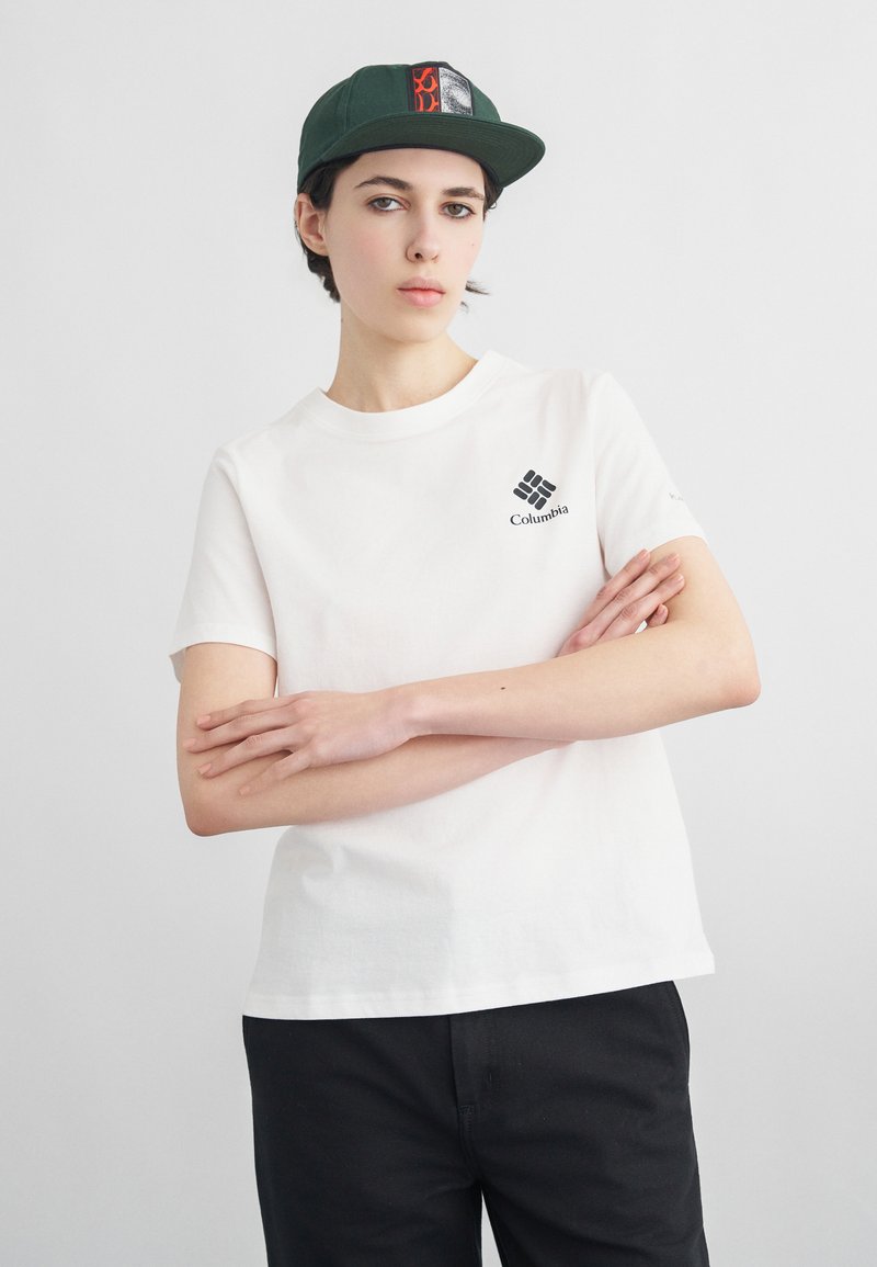 Νεαρός που φοράει λευκό μπλουζάκι Columbia και πράσινο καπέλο μπέιζμπολ με σταυρωμένα χέρια μπροστά σε απλό ανοιχτόχρωμο φόντο.