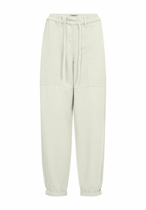 Pantaloni casual bej deschis cu talie elastică, șnur de ajustare, buzunare frontale și tivuri strânse.