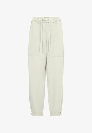 Pantaloni casual bej deschis cu talie elastică, șnur de ajustare, buzunare frontale și tivuri strânse.