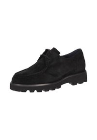 Scarpa in suede nera con punta arrotondata, lacci nella parte anteriore e suola in gomma resistente caratterizzata da tasselli pronunciati per una migliore aderenza.