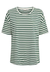 Camiseta de rayas con rayas horizontales verdes y blancas, mangas cortas y un escote redondeado. Hecha de una tela suave y transpirable.