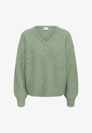 Svetlo zelena pulover iz grobega pletenja z V-izrezom, dolgimi rokavi v balon kroju ter rebrastimi manšetami in robom.