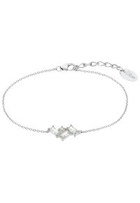 Silver chain bracelet featuring three emerald-cut clear stones and a central round stone, with a lobster clasp and an adjustable length.