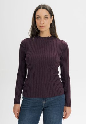 Vrouw met lang bruin haar, een donkerpaarse geribbelde trui en blauwe spijkerbroek, staand tegen een effen lichte achtergrond.